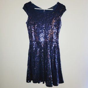 Snap Sequin Dress Navy Blue Mini Women's Cap Sleeves Fit Flare Medium Zipper